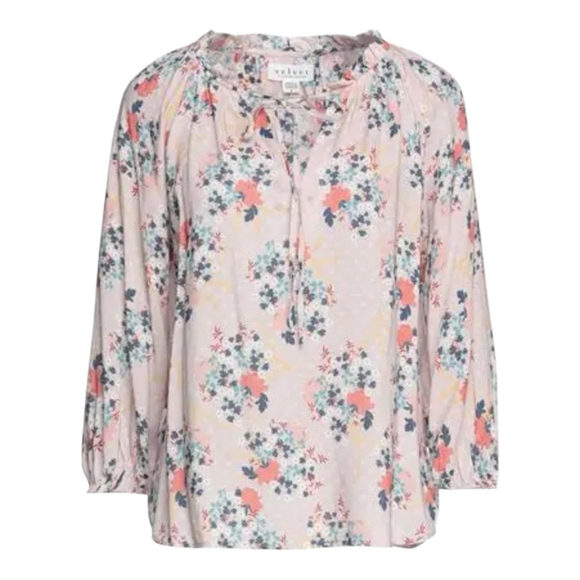 Women’s Velvet Graham & Spencer, M, Pink Blue Floral Boho Ruffle Detail Blouse - Picture 1 of 16